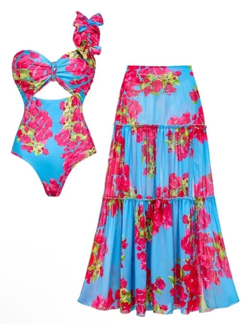 One-Shoulder Floral Cutout One-Piece Swimsuit - Blue with Pink Floral - Picture 4 of 8